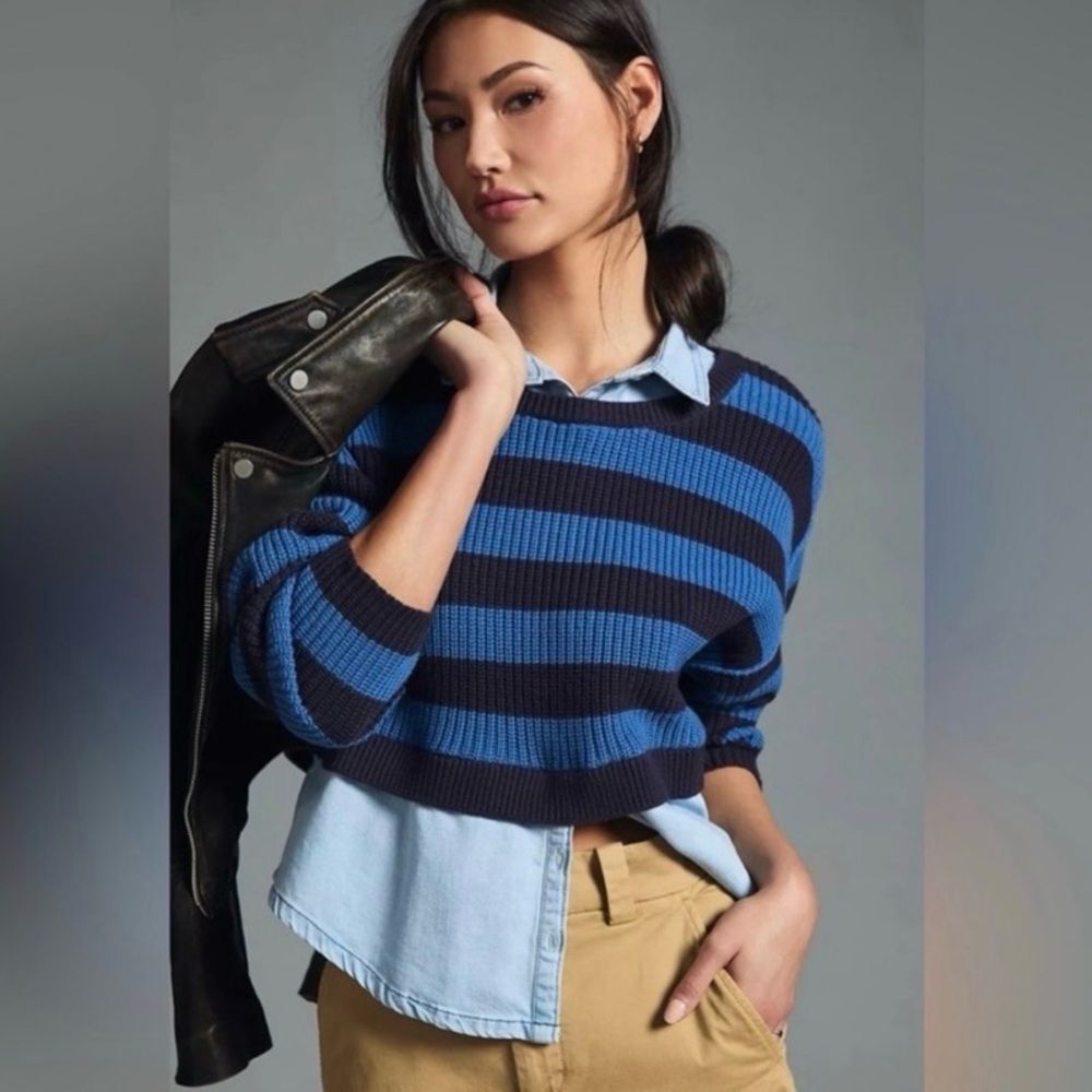 Pilcro x Anthropologie Blue Striped Layered Twofer Sweater Size Medium